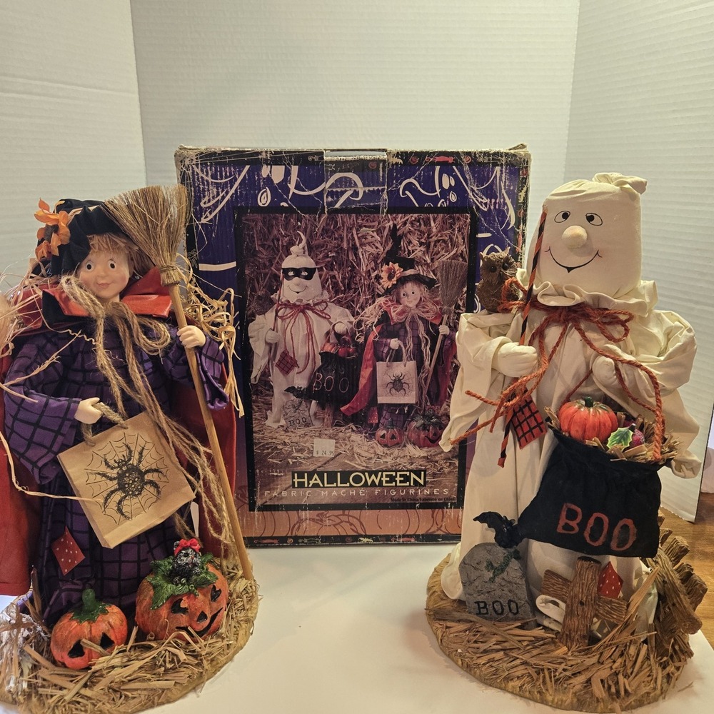 Vtg Nos Halloween‎ Witch & Ghost Resin Fabric Mache statue Figure Large Set NEW